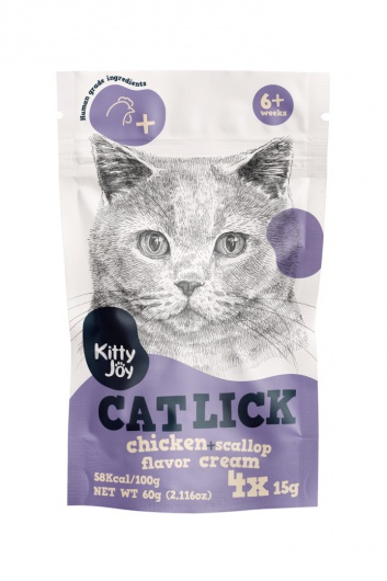 Papildbarība. Kaķu kārums ar vistas un jūras ķemmīšu garšu Kitty Joy 60g (200)